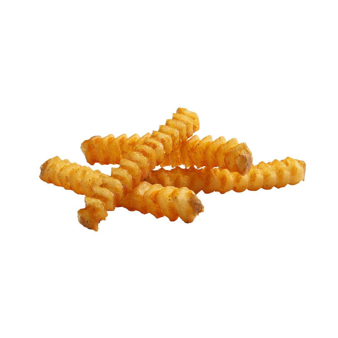 Deliciosas papas a la francesa con sabrosa cobertura condimentada corte ondulado en V profundo, con cáscara